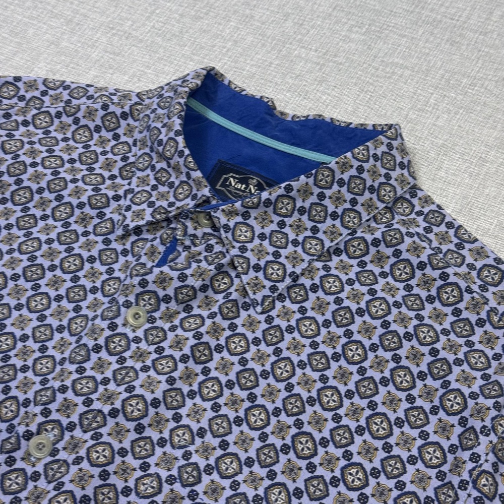Nat Nast Button-Up Shirt Mens L Purple Geometric Short Sleeve Silk China